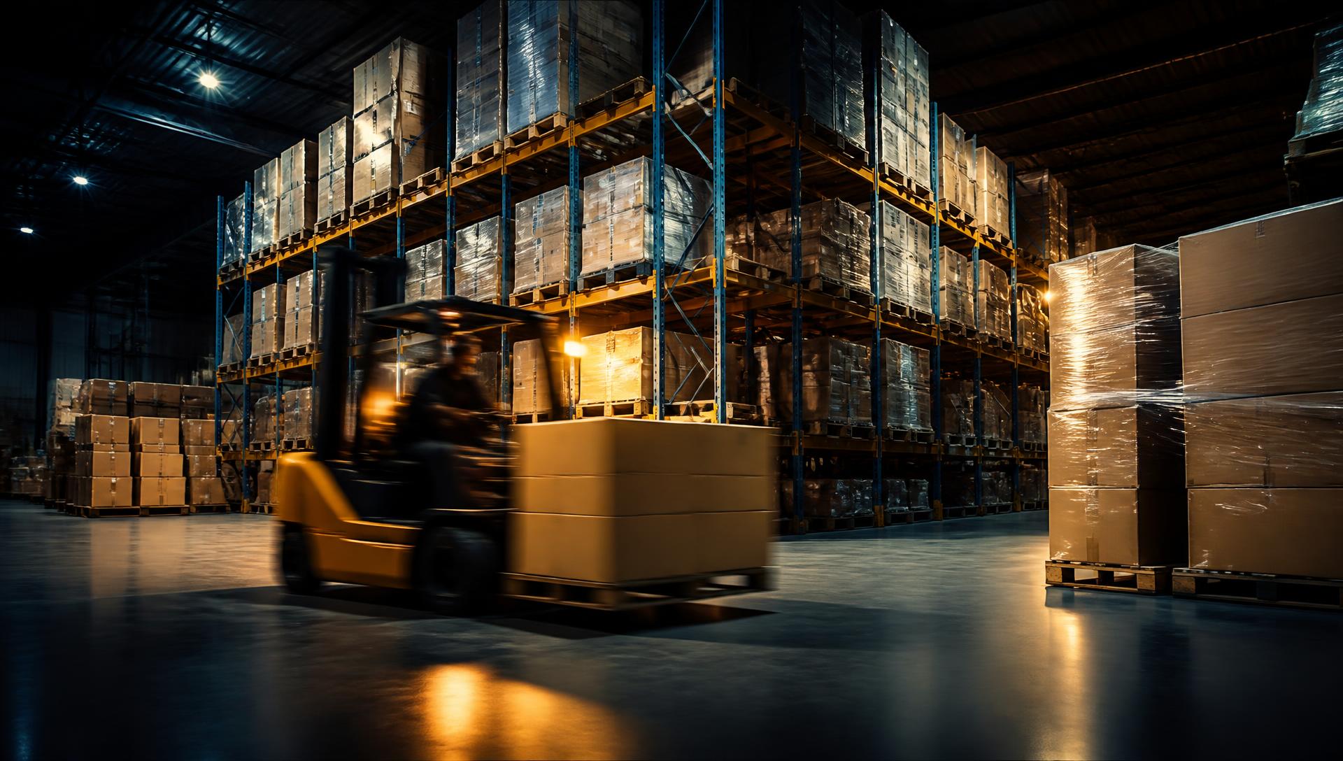 Pallets of closeout inventory stacked in a Plan B Distribution warehouse